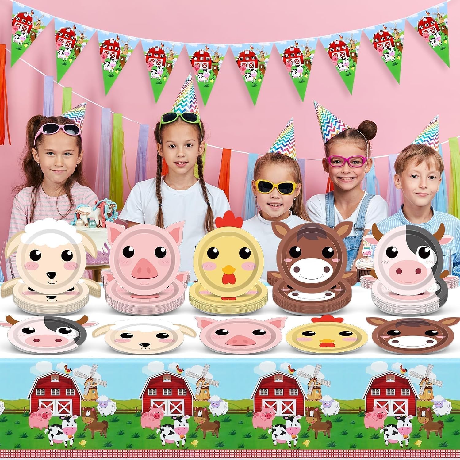 Farm Animals Birthday Party Decorations Farmhouse Theme Disposable Paper Plates Farm Animal Tablecloth Animals Banner for Barnyard Theme Baby Shower Boys Girls Birthday Party Supplies Serve 50