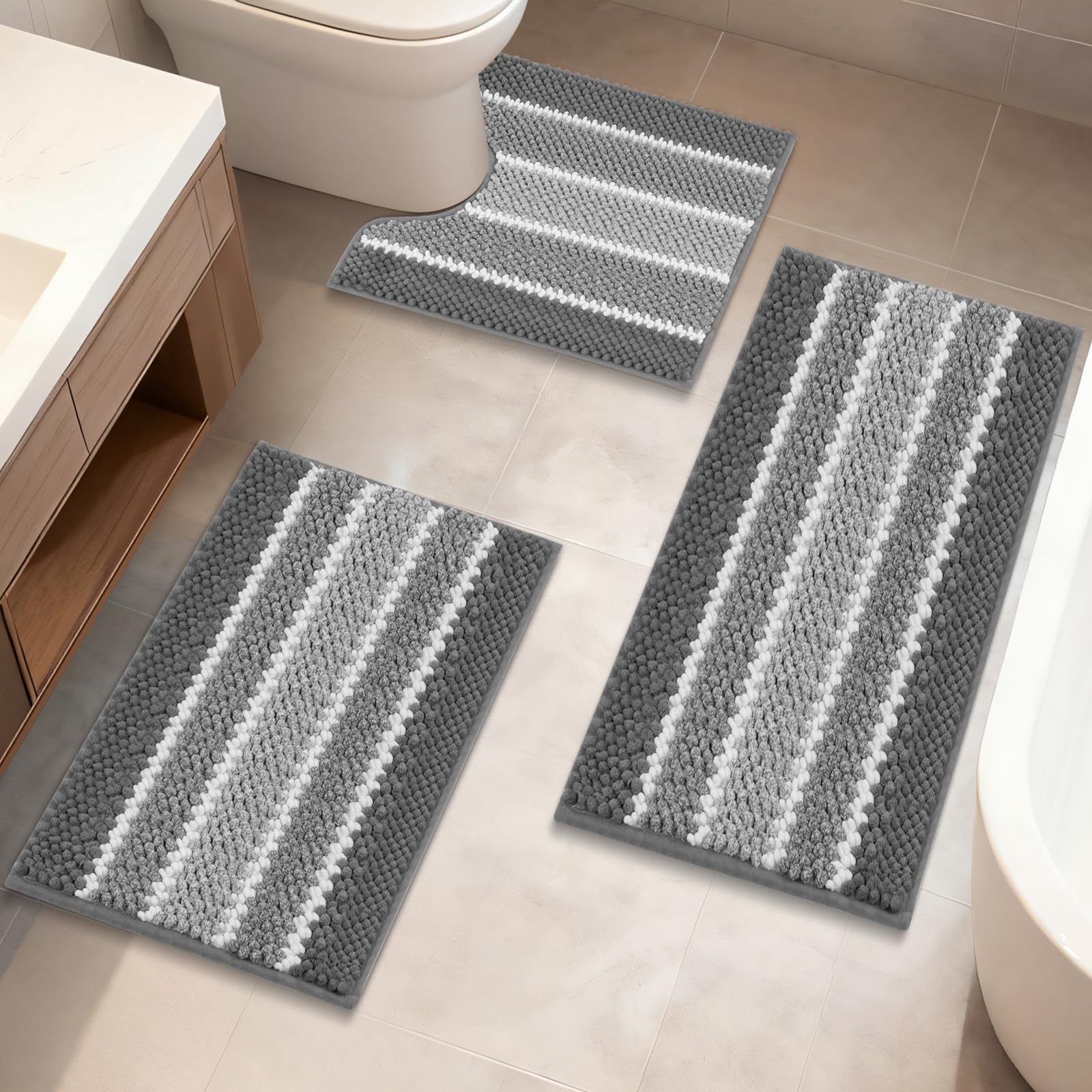ArtyCozy Chenille Bathroom Rugs 3 Pieces Extra Thick Absorbent Non Slip Bath Mats with U-Shaped Toilet Rug Soft