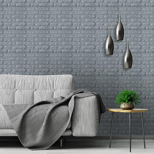 Miniatura 3 de Paneles de pared 3D para despegar y pegar, 30 piezas de papel tapiz de ladrillo de espuma gris para dormitorio, panel de pared de piedra sintética,