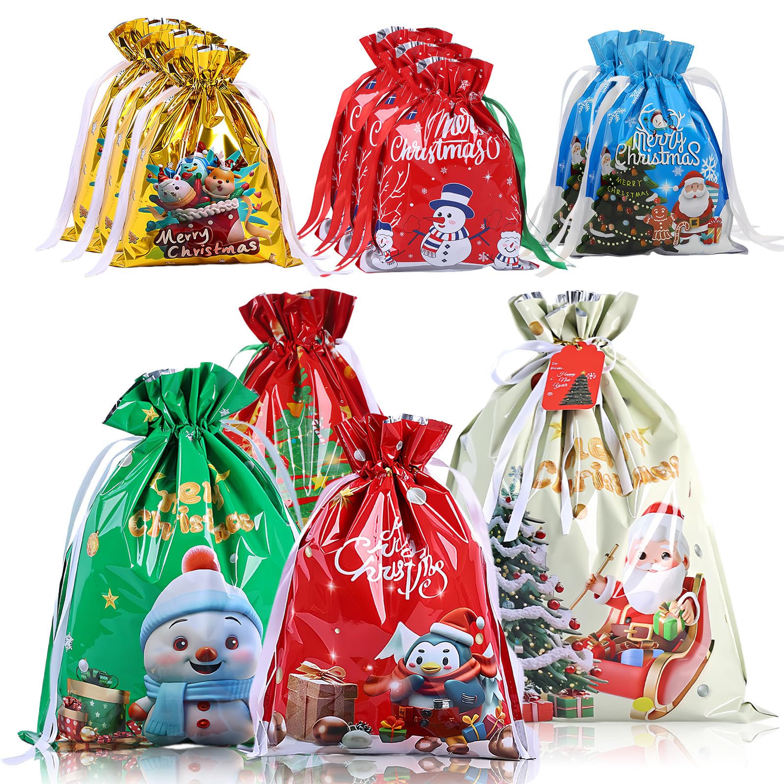 12pcs Christmas Foil Gift Bags,ChristmasDrawstring Gift Wrapping Bags Includes 7 Styles Xmax Present Sack,Reusable Pull String Foil Bags Christmas Wrap Bags for Gift Xmas Party Décor