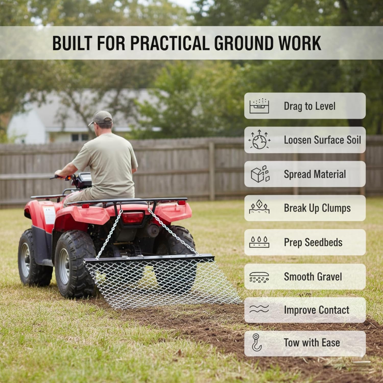 ATV Pasture Drag Harrow 3.6'x5', Chain Harrow for Landscape Leveling or Sod Prepping, ATV Pull Behind Brush Mower, Durable UTV Tractor Attachment Seed Harrow for Gravel Driveway Field Yard Farm Garden