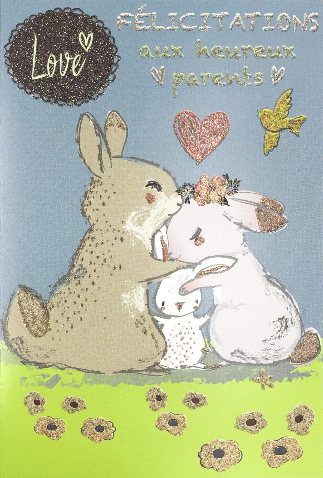 AFIE 66-1155 Happy Parents Greeting Card, Baby Boy/Girl, Love Glitter Heart Pink Couple Dad Mum Rabbit Bird Cute Soft Animals - Image 2