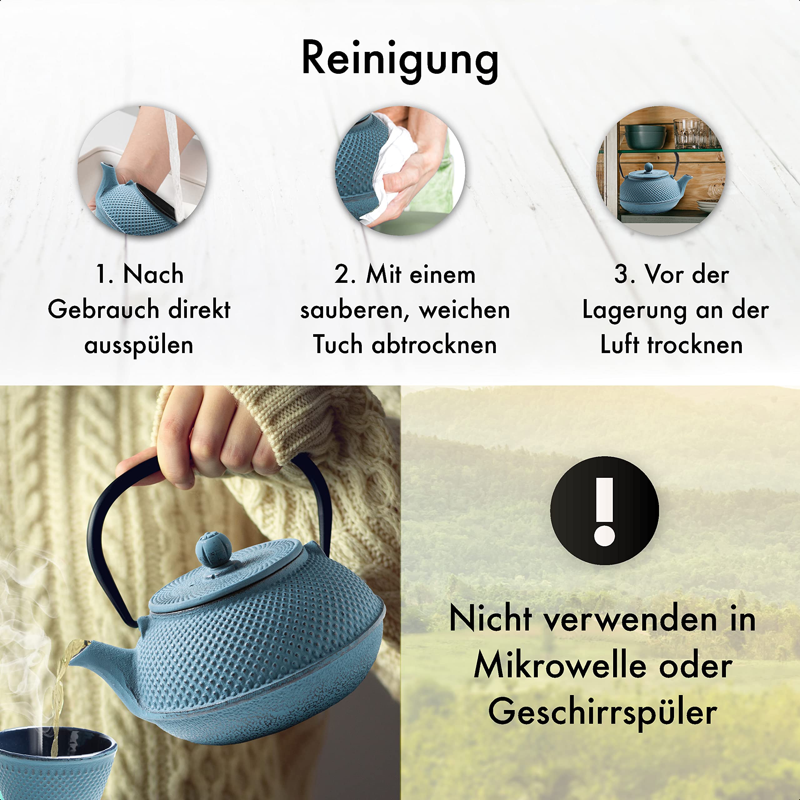 TEEKANNE GUSSEISEN 800 ML | Gusseiserne Teekanne Im Japanischen Stil | Teekanne Guss mit Sieb aus Edelstahl | Hervorragende Wärmespeicherfähigkeit | Robust | Langlebig | Arare | Blau