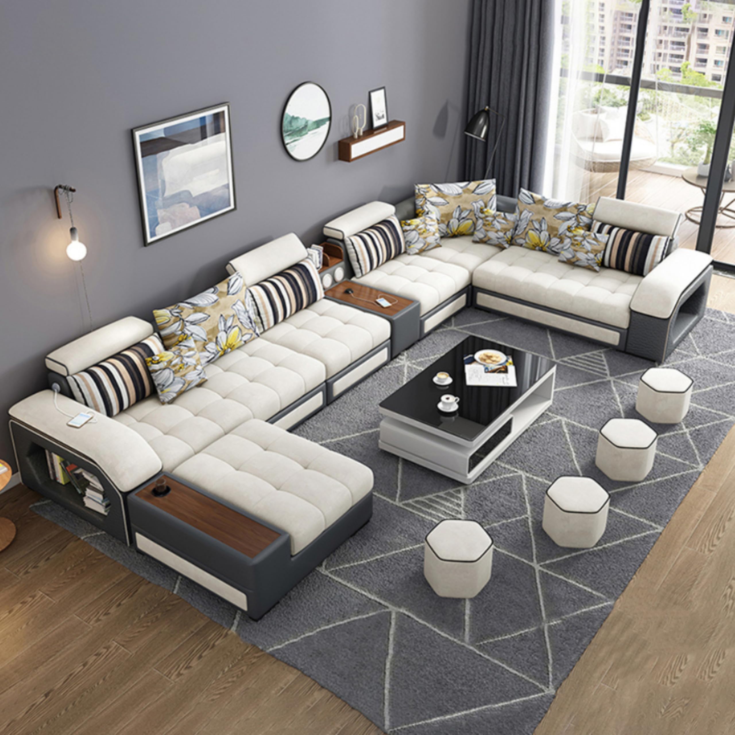 Furnista Modern Luxury 7 Seater Modular Fabric Sofa Furniture Set Multifunctional Living Room Home Corner Couch U Shaped Sectional Sofa (White)