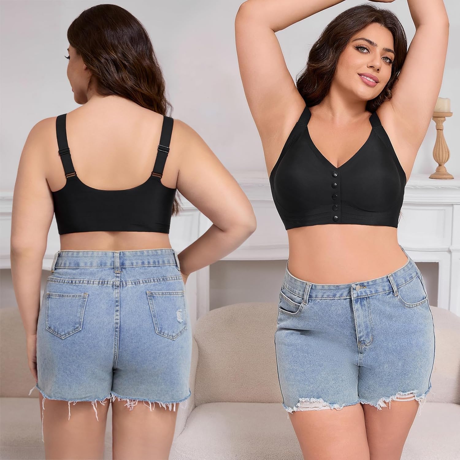 Front Snap Closure Bras for Older Women Wireless Plus Size Bra with Adjustable Shoulder Straps Full Coverage - Image 4