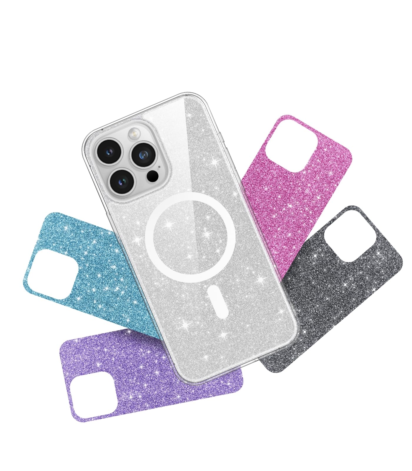 CAHEJILU 6in1 for iPhone 15 Pro Max Case Glitter Magnetic [1 Clear Case + 5 Twinkle Cards][Compatible with Magsafe] Protective Shockproof Cute Slim