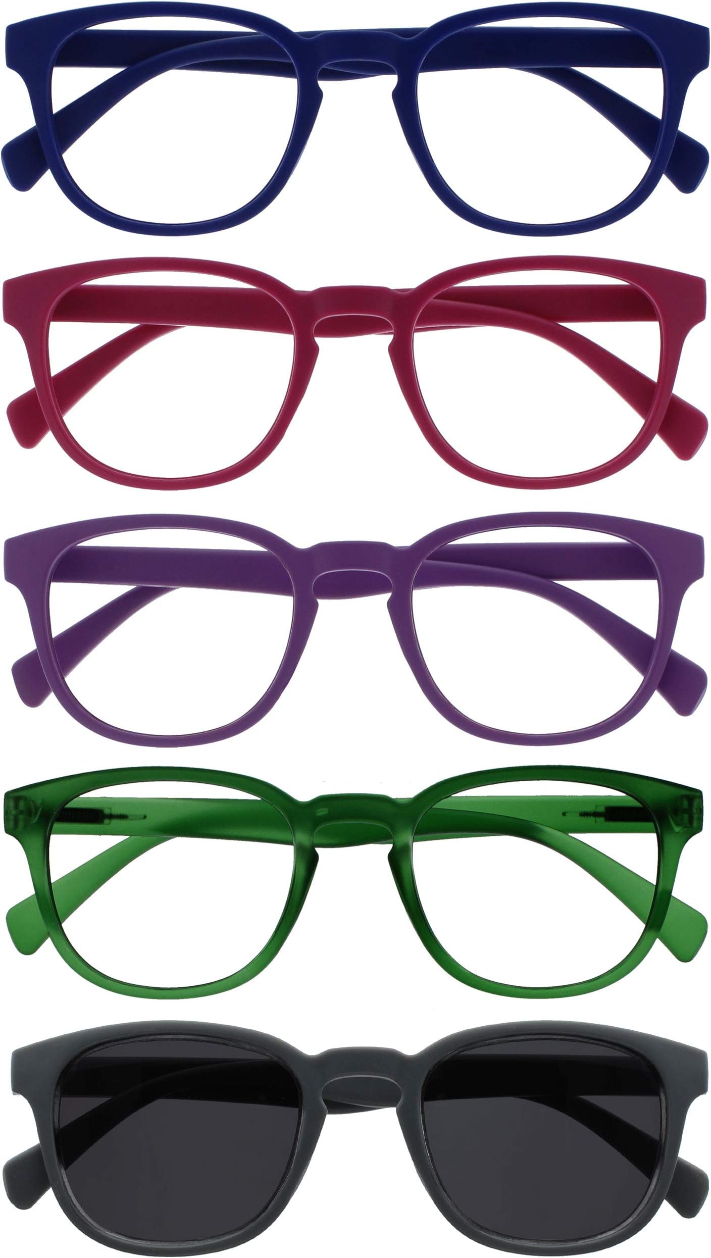OPULIZE POP Reading Glasses and Reading SunGlasses for Women Men,Retro Round, Blue, Pink, Purple, Green, Grey Sun +2(Pack of 5)