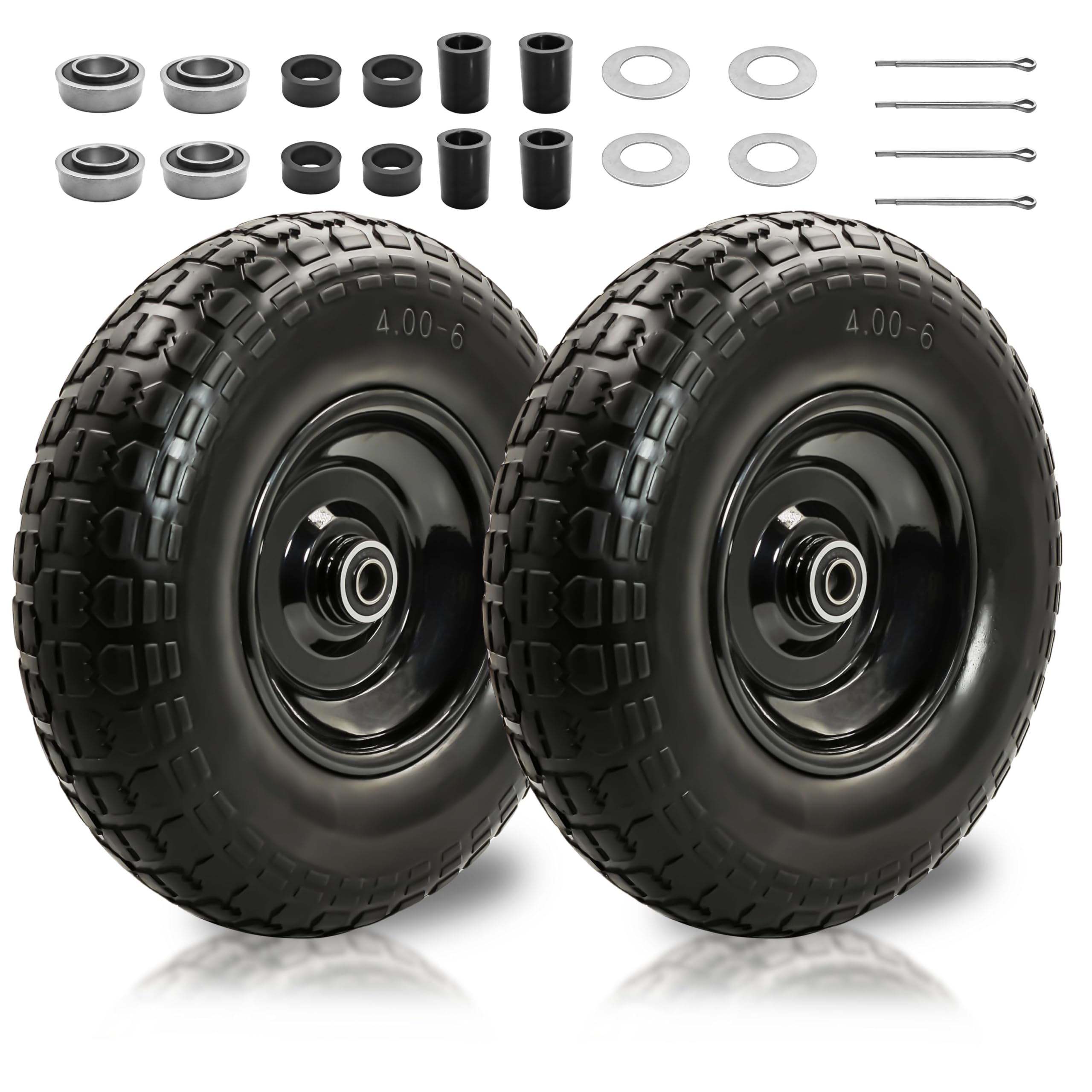 2PC 4.00-6 Flat-Free Tires and Wheels,13" Rubber Solid Tire, with 5/8" & 3/4" Bearing, 1.8"-3.8" Centered Hub Length, 4.00-6 tire and wheel Fit for Gorilla Cart, Garden Cart/Hand Truck/Wheelbarrow etc