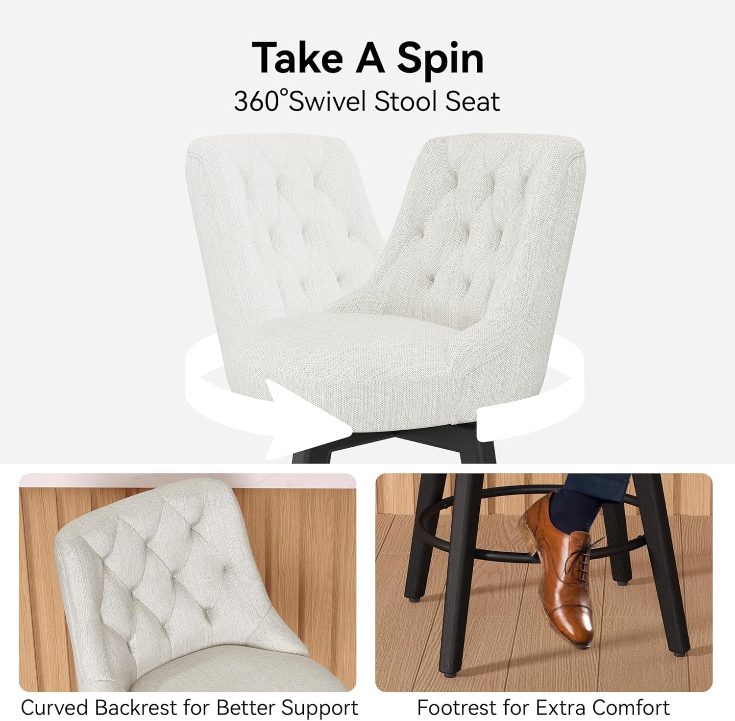 Counter Height Bar Stools Set of 2, Updated Thickened Upholstered Fabric 360° Swivel Barstools with Backs, Solid Wood Legs, 26" Modern Bar Height Stools for Kitchen Island, Dining Room, White Seat