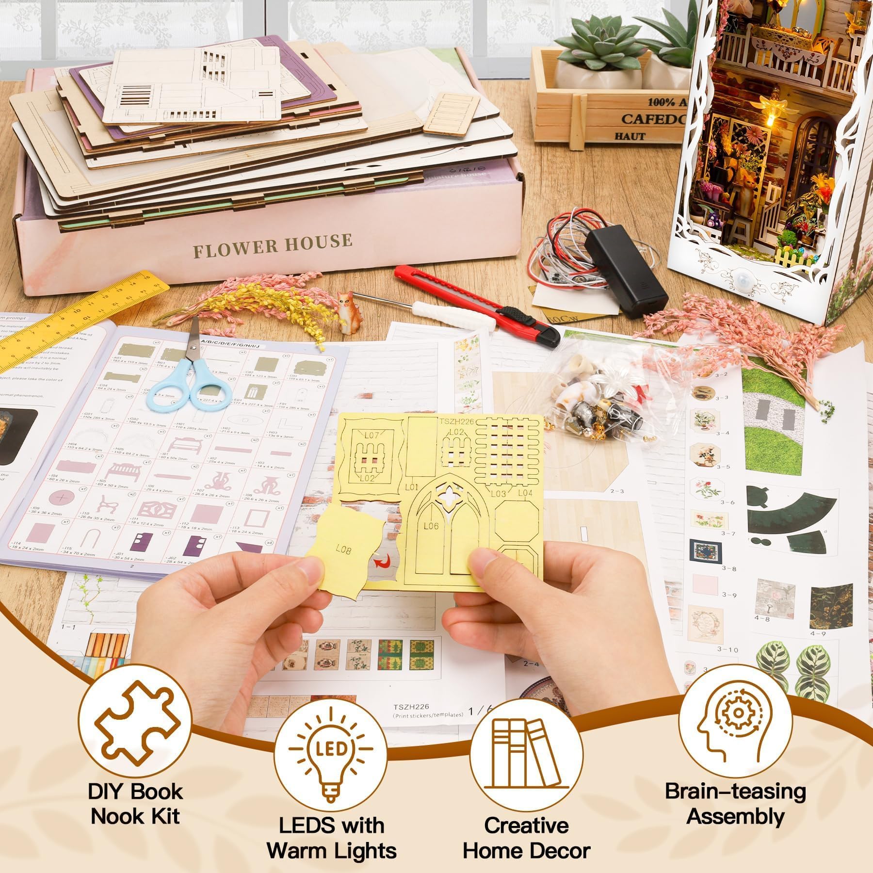 Book Nook Kit Buchstützen, DIY Puppenhäuser Miniatur Haus Kit mit Staubschutzhülle LED-Licht Gartenhaus