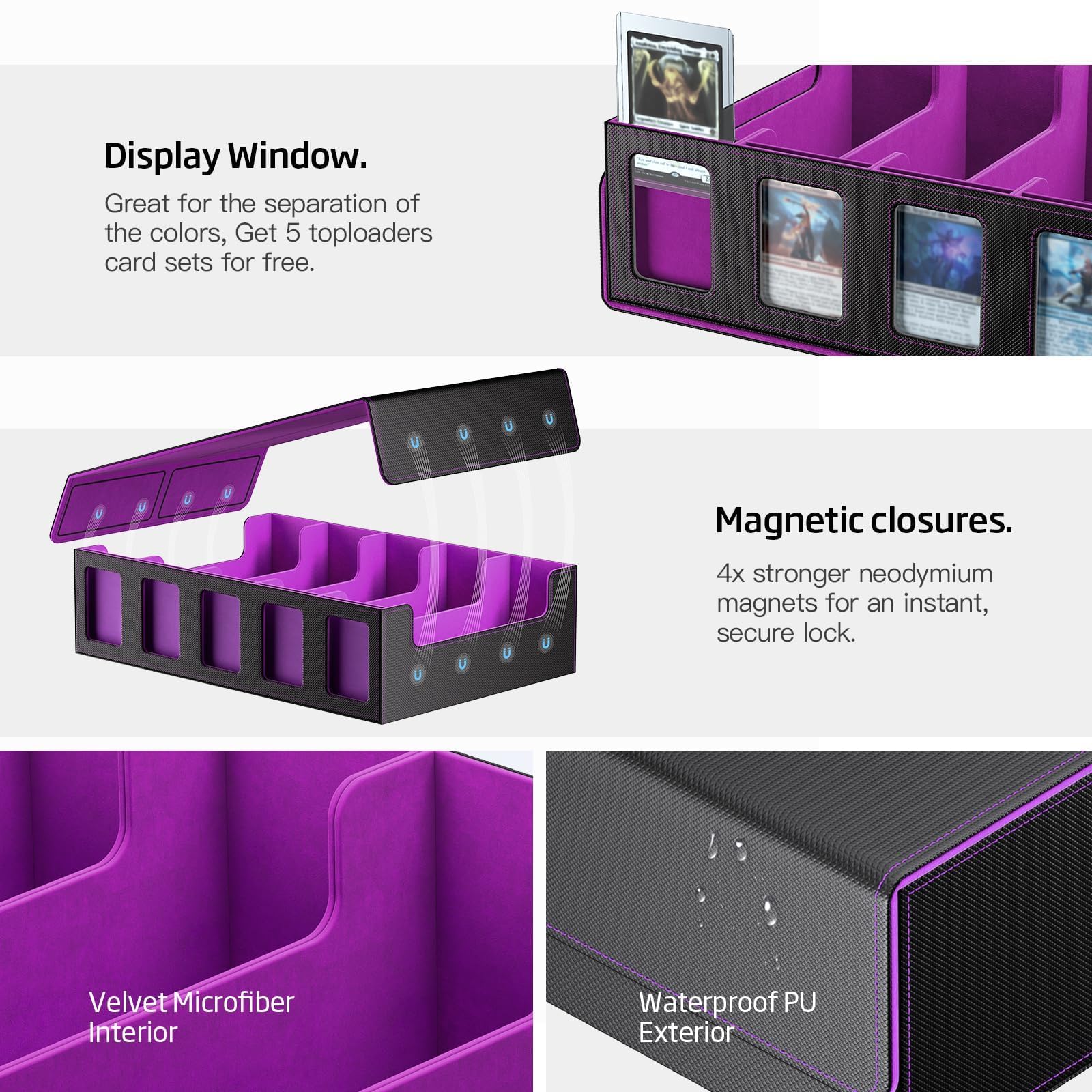 Boîte rangement cartes MTG avec vitrine Commander, 3900+ cartes, deck box 5 compartiments avec couvercle amovible, organiseur TCG PTCG cartes sport, compatible Toploader, 50 séparateurs (Violet)