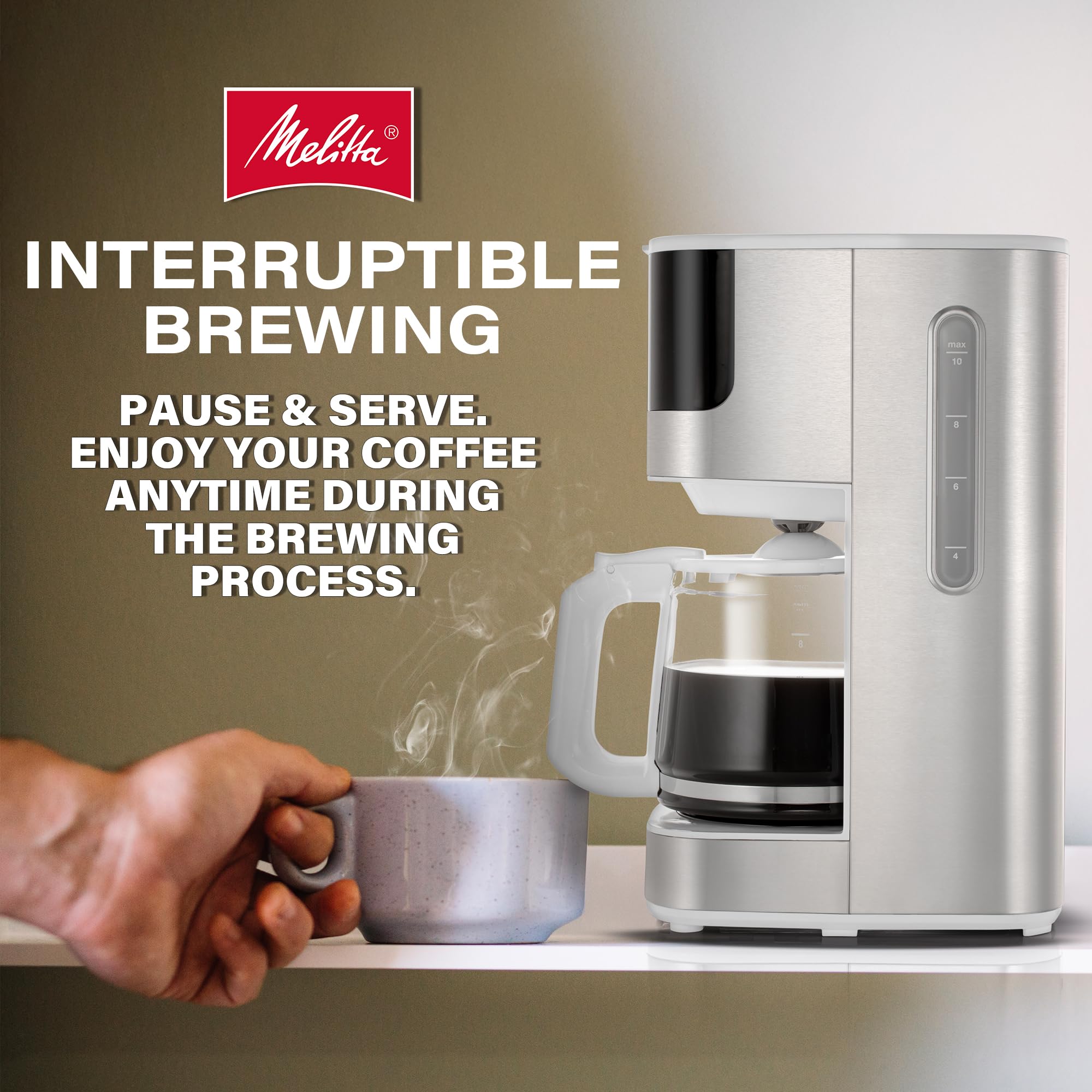 Melitta Aroma Tocco Glass 10-Cup Drip Coffee Maker, White | Automatic and Programmable, Auto Shut Off, Touch Control Panel, Stainless Steel Accented, with 5-Packed Coffee Filter