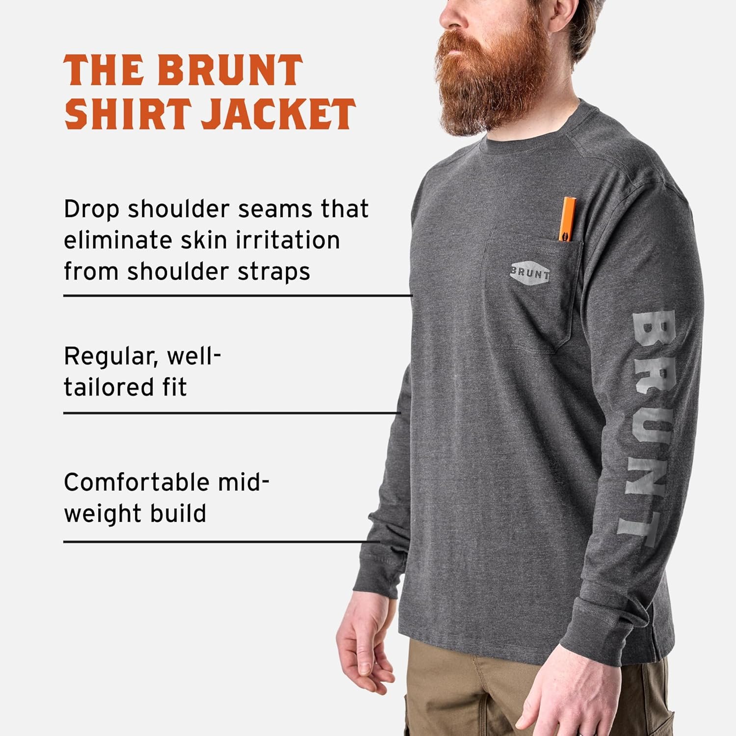 BRUNT Long-Sleeve Pocket T-Shirt - Comfortable Mid-Weight Build - Drop Shoulder Seam - Utility Pocket - Image 3