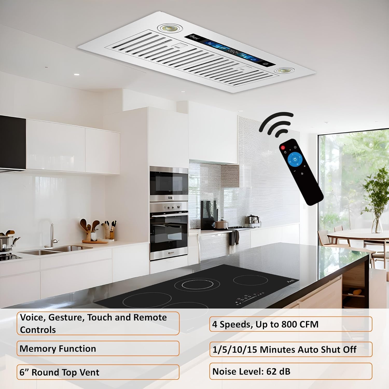 Awoco 36"Wx15"D Ceiling Insert Mount Split Quiet Range Hood with Voice, Gesture, Touch, Remote Controls, 800 CFM Kitchen Hood with 4-Speed Exhaust Fan, Stainless Steel Stove Hood with 6" Blower