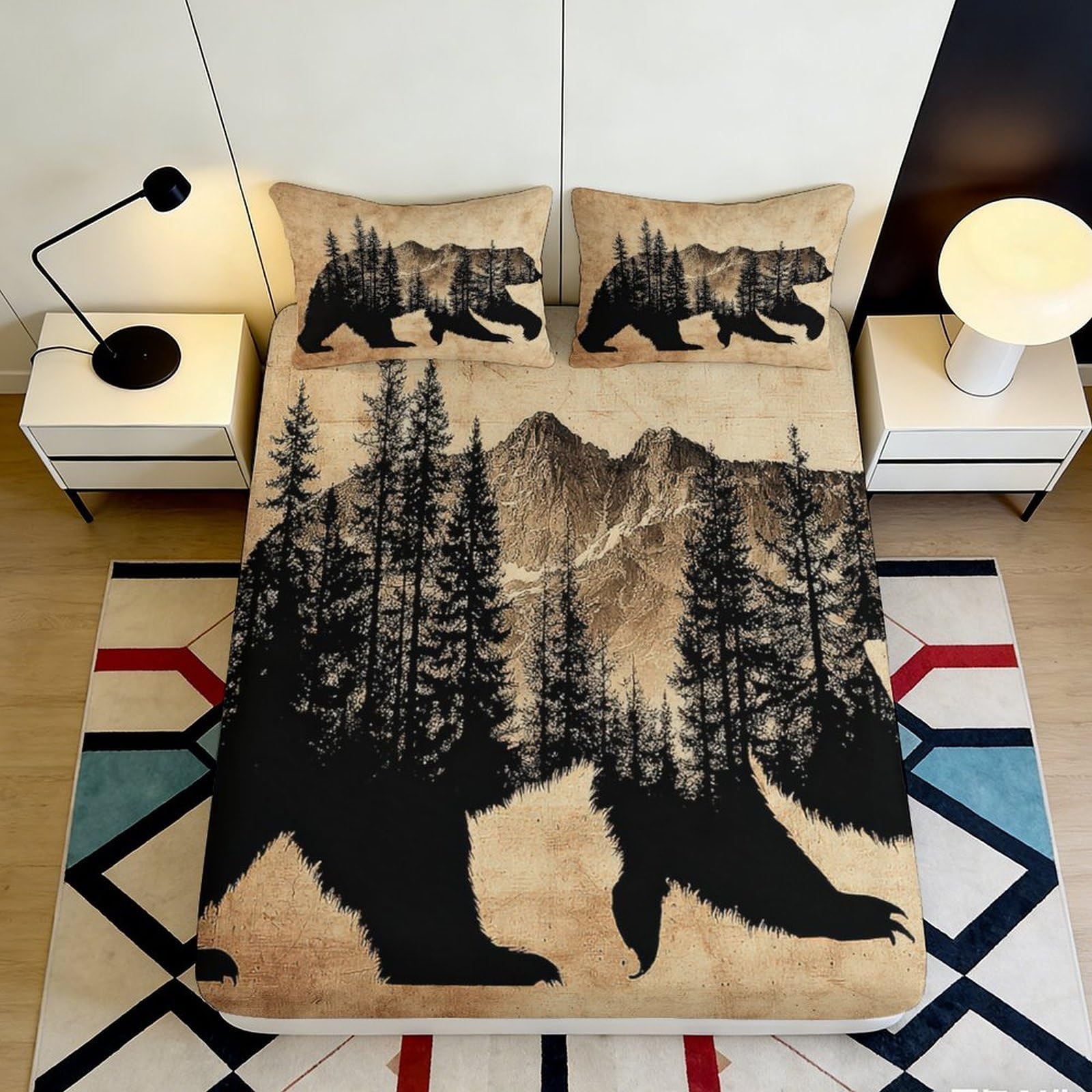3D Printed Bear Forest Fitted Sheet Microfiber Soft Durable Mountain Bed Cover for Bedroom Dormitory Guest Room Mattress Protection and Decor 200x200x25cm