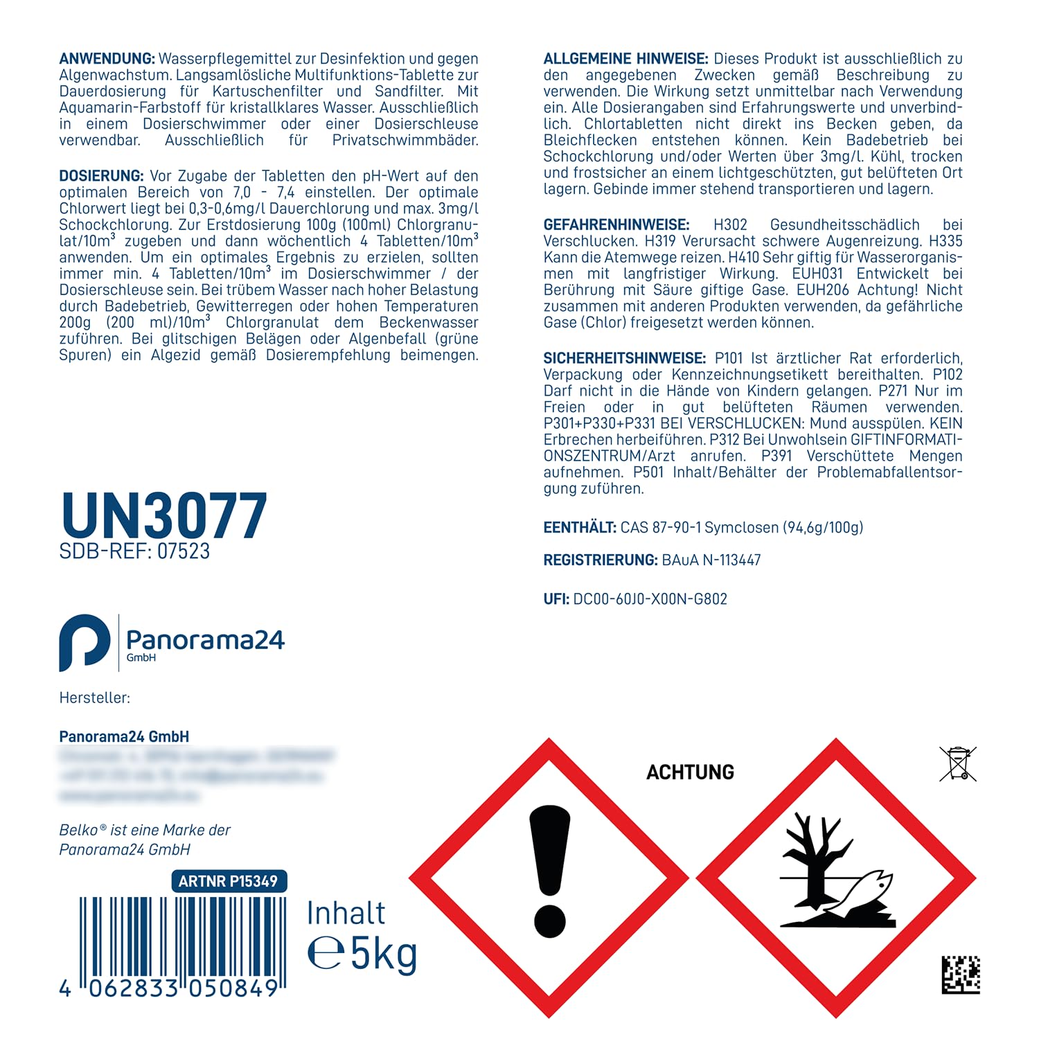 Belko® Chlor MultiTabs 5 in 1, 20 g Multifunktionstabletten, 5 kg VPE, langsamlöslich, Langzeitdesinfektion, Algenvernichtung, Trübungsentfernung, Härtestabilisator für Pools bis 20 m³