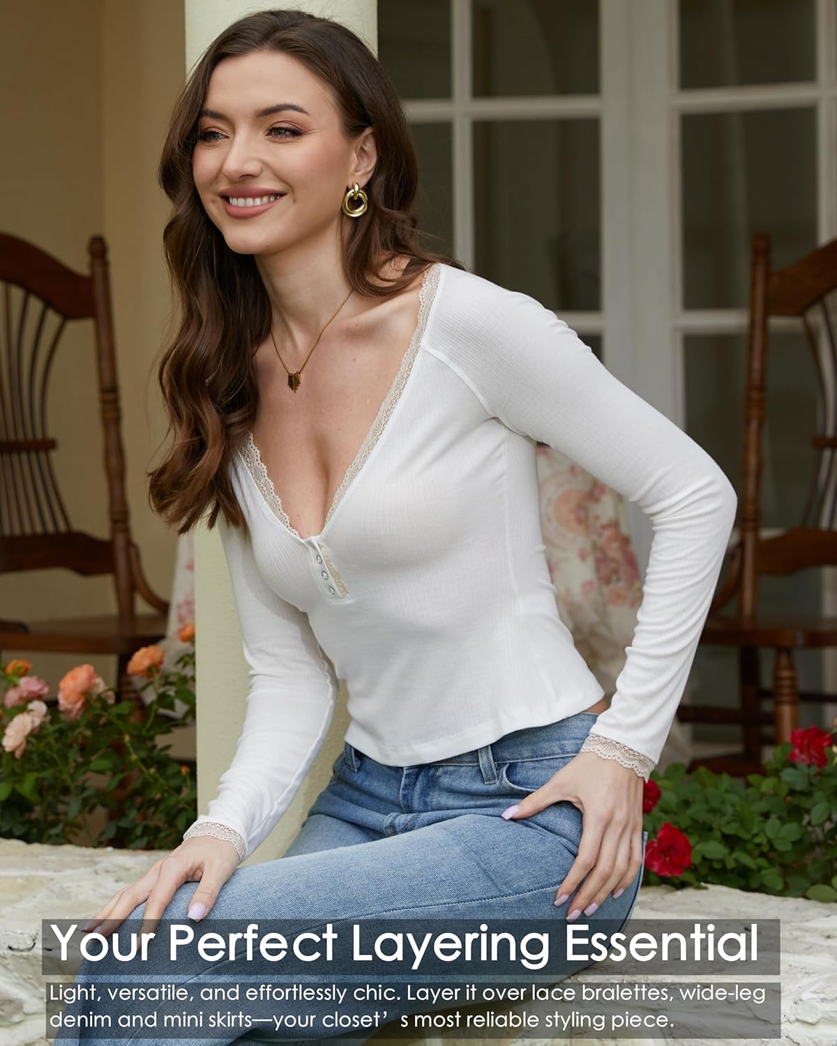 Long Sleeve Shirts for Women Going Out Tops Micro Ribbed Henley Neck Cropped Tops Lace Trim Fitted Casual Cute Y2K - Image 5