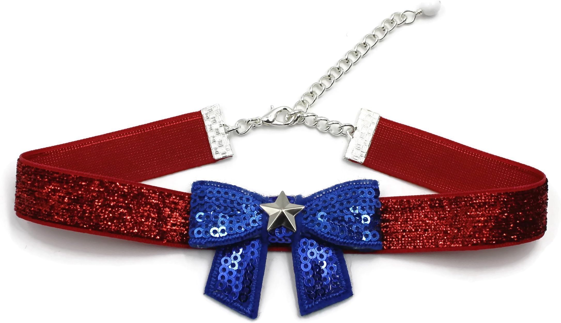 Patriotic Women Bow Tie Choker Necklace in American Flag Colors - Glittery Red, White and Blue - Fun Accessory for 4th of July, Made in USA