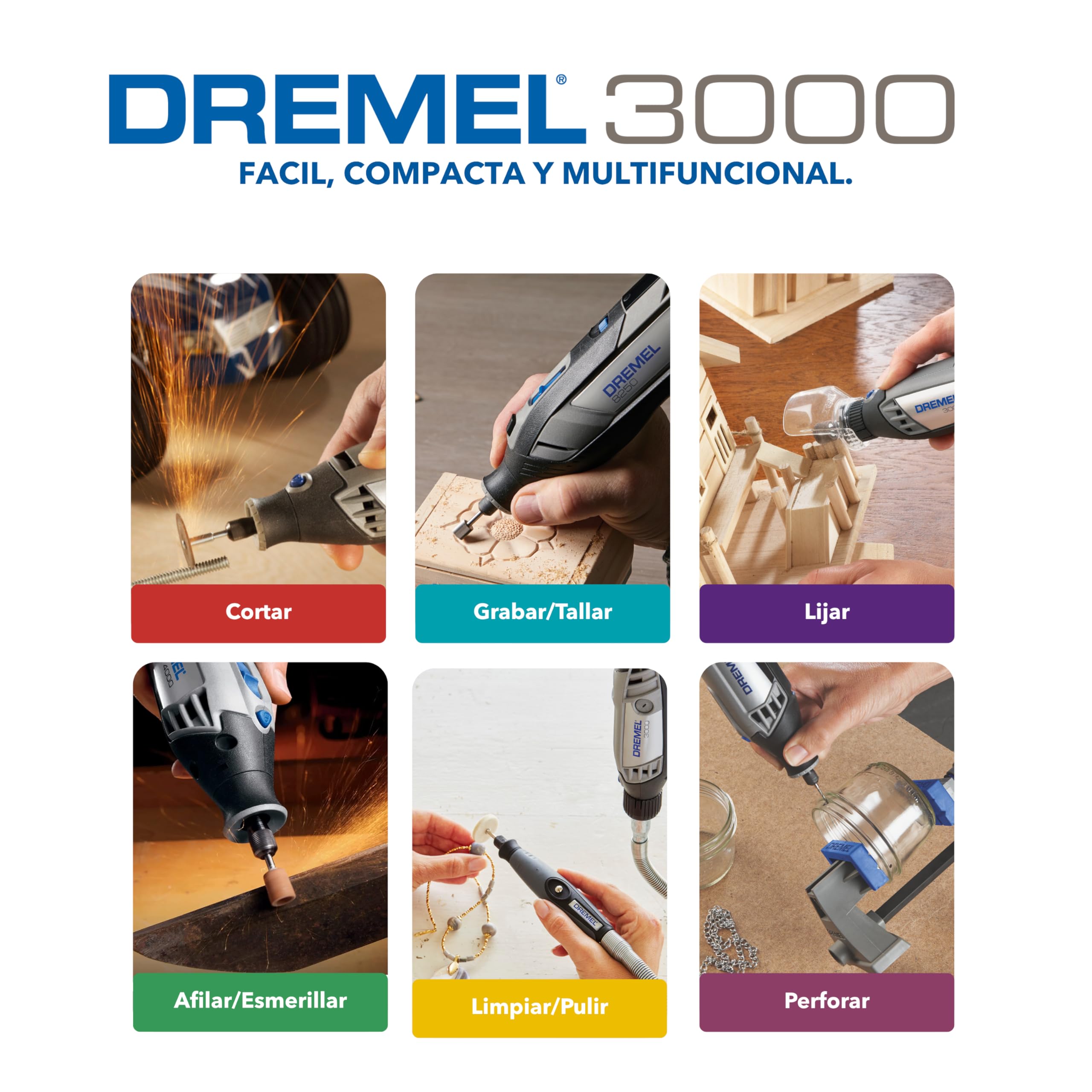 Dremel 3000 - Multiherramienta 130 W, kit con 1 complemento y 25 accesorios y estuche, velocidad variable 10.000-33.000 rpm para tallar, grabar, fresar, amolar, limpiar, pulir, cortar y lijar