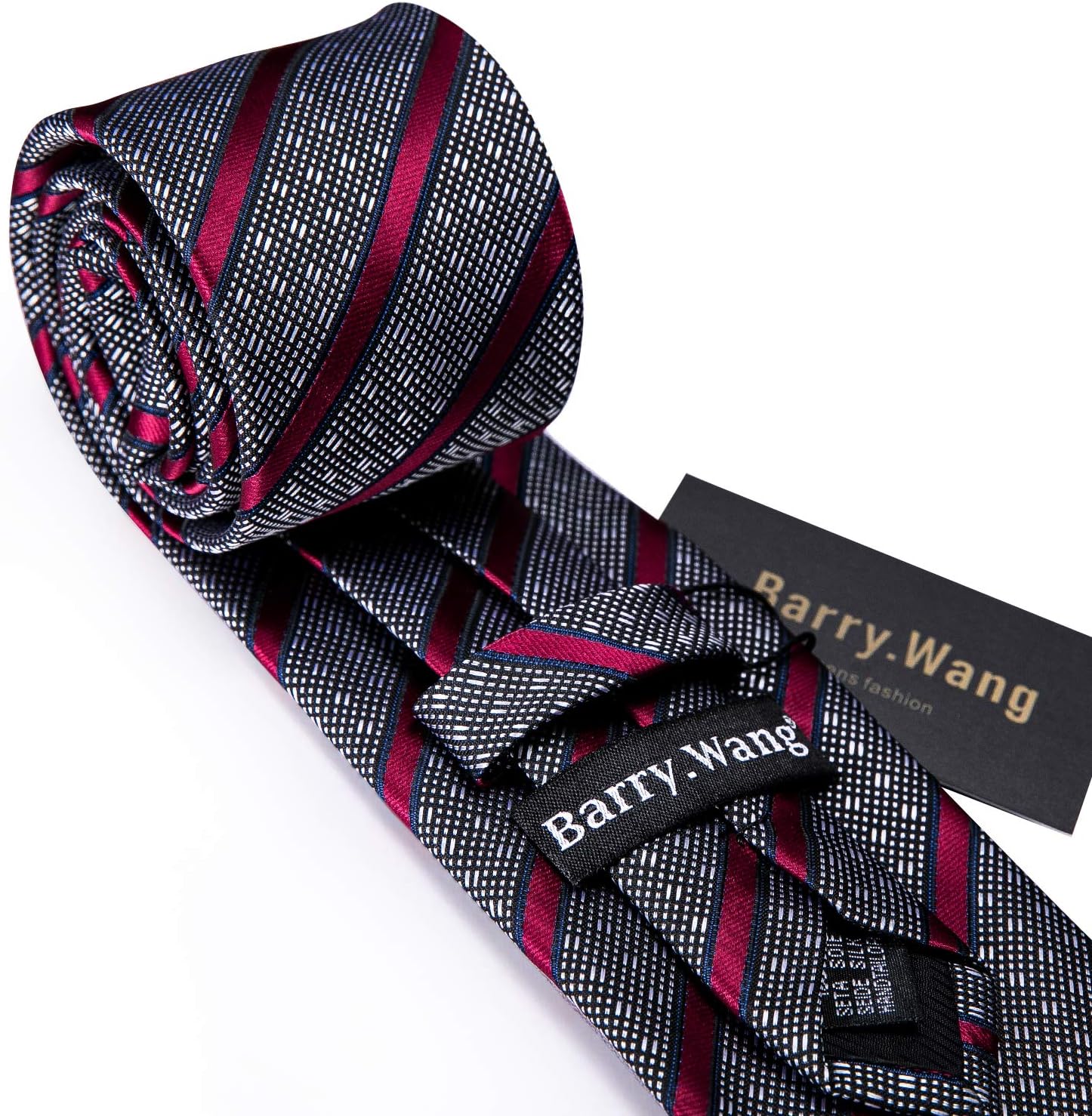 Barry.Wang Tie Sets for Men Silk Stripe Necktie Woven Checkered Handkerchief Cufflinks Formal Business Wedding - Image 5