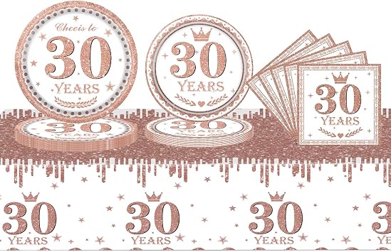 Aisszhao 53Pcs Rose Gold Tableware Set - 30th Birthday Table Cloth, Napkins, 7+9in Paper Plates - Anniversary Decor for Her 30th Birthday Party Supplies