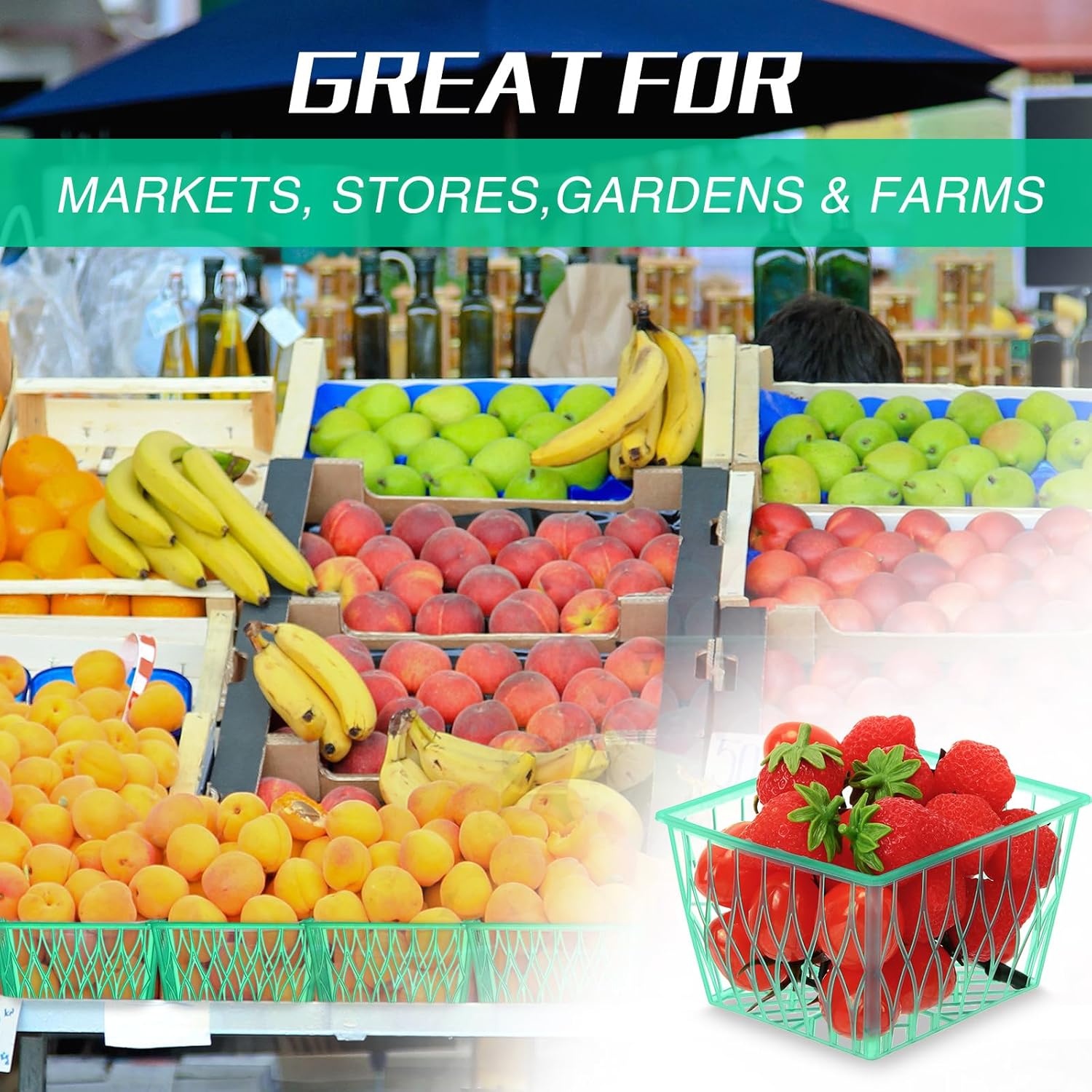 250 Pcs Pint Size Plastic Berry Baskets Boxes Green Strawberry Basket with Open Weave Pattern Box Container for Farmer Market Party Christmas Grocery Stores