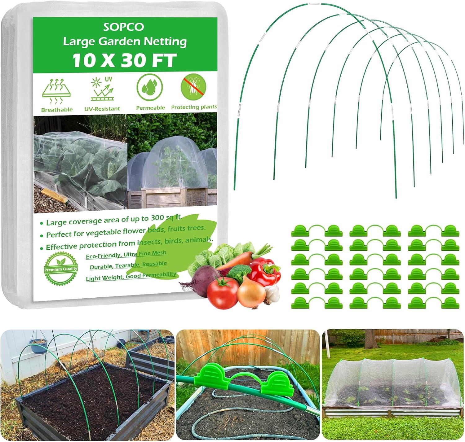 Garden Netting Kit 10x30FT Ultra Fine Mesh Netting with 36pcs Garden Hoops 30pcs Connectors 18pcs Clips 6 Sets Greenhouse Hoops Frame for Vegetable Plants Fruits Flowers Garden Netting Raised Bed