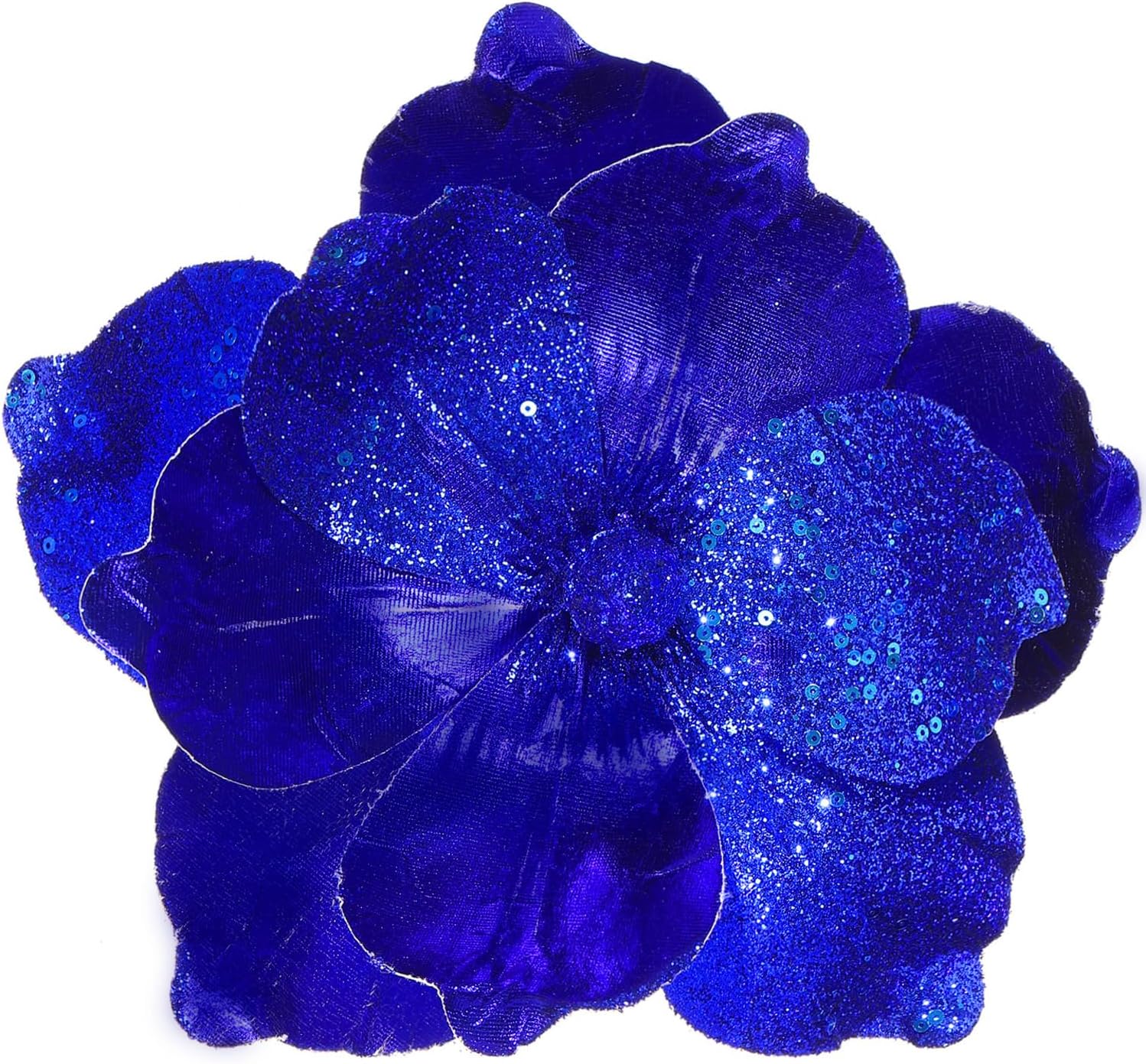 GL-Turelifes 10’’ Large Glitter Christmas Flowers 6 Pcs Artificial Magnolia Flower Ornaments Fold Floral for Christmas Tree Decorations Xmas Tree New Year Party Wedding Centerpiece (Blue)