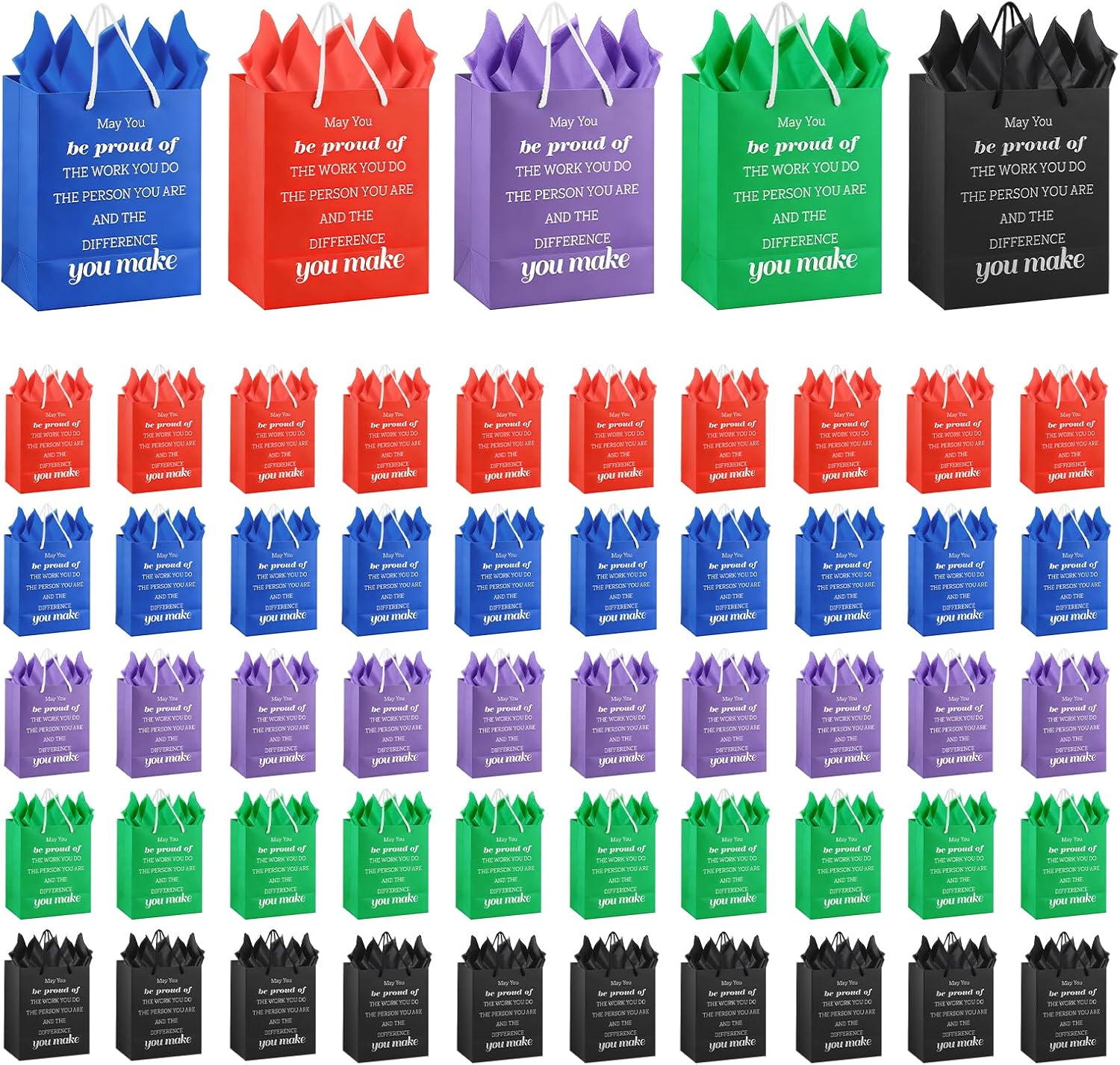 Addblu 100-Piece Christmas Employee Appreciation Gift Bags Bulk - Set Includes 50 Luxury Team Bag (8x5x10 Inches) & 50 Tissue Papers, for Staff, Coworkers, Teacher, Thank You & Valentine‘s Day Gifts (5 Colors, 50 Pcs)