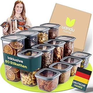 uandu Storage Jars with Lid Airtight - Set of 12 Storage Containers | Storage Box Kitchen Storage & Organisation | BPA Free | Kitchen Organiser | Storage Jars for All Dry Foods