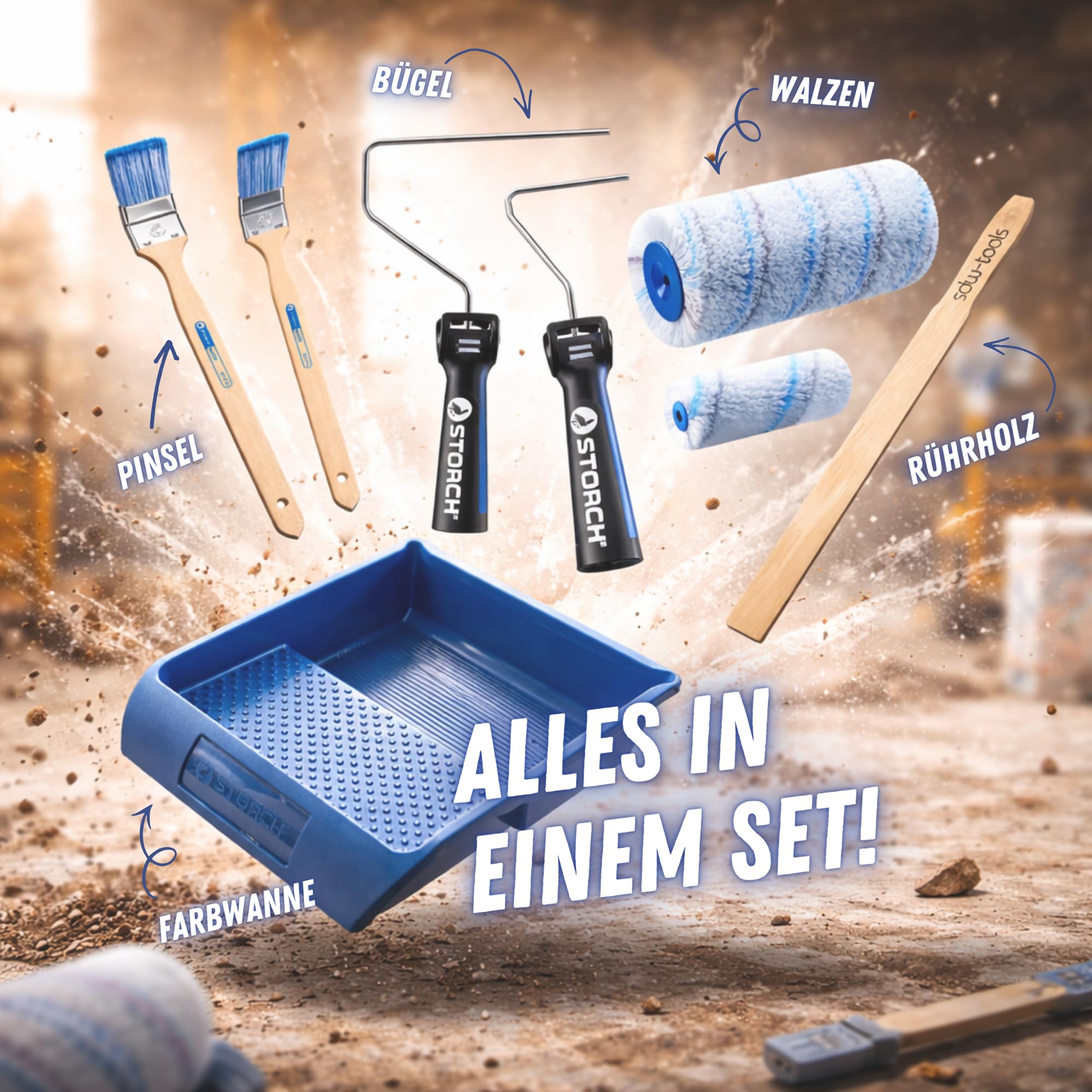 STORCH Profi Malerset 8-teilig inkl. Rührholz – Farbroller Set für Dispersions- & Silikatfarben | Farbwanne, Walze, Bügel | Maler Set für Wände & Decken