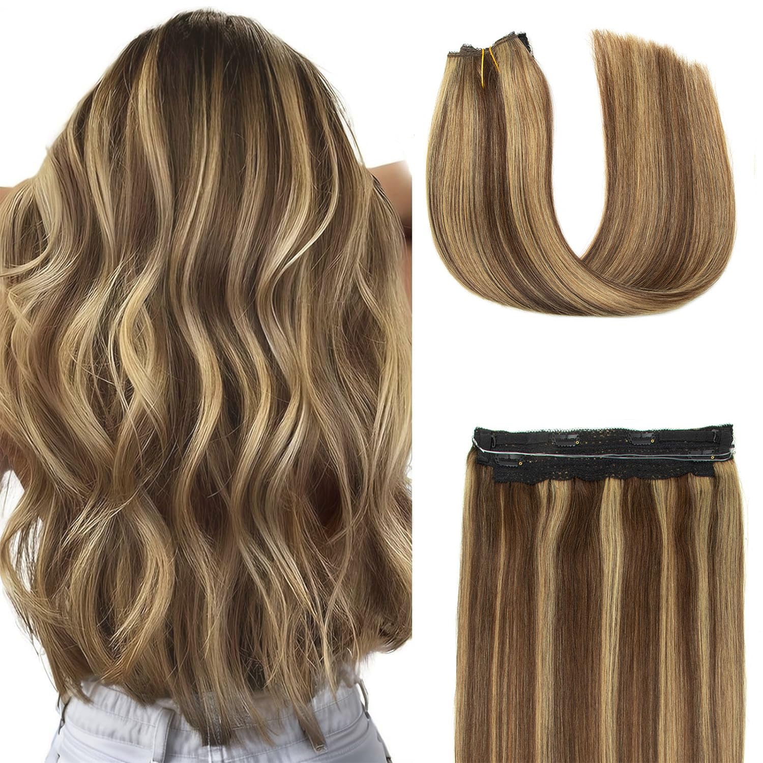 AGMITY Medium Brown & Dark Blonde 70Gram Removable Straight Layered Natural Remy Hair Extensions (14 Inch #P4/27)