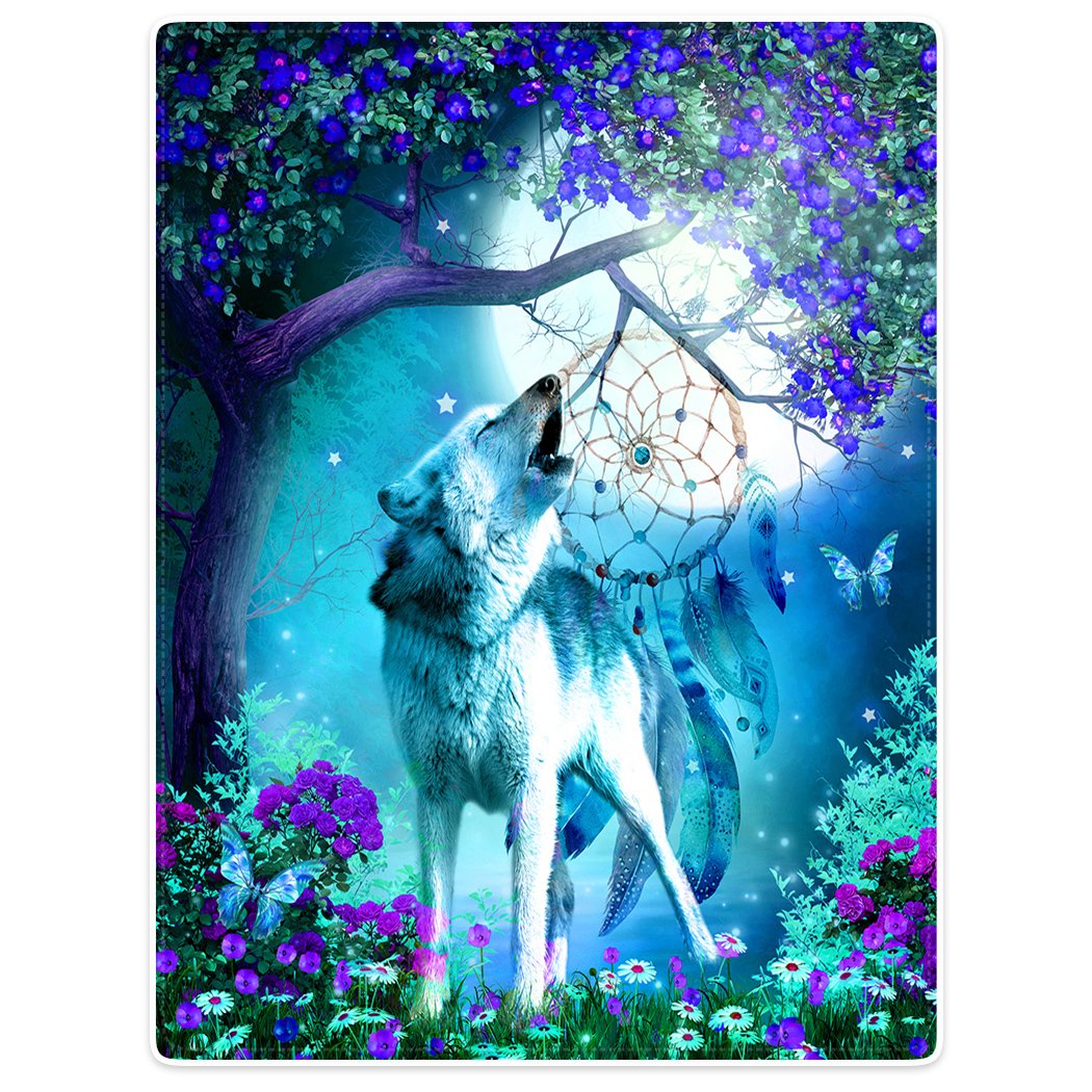 Couverture En Flanelle Attrape-rêves Avec Loup - 127x152 Cm - Douce Et Chaude - Pour Canapé, Lit, Voyage