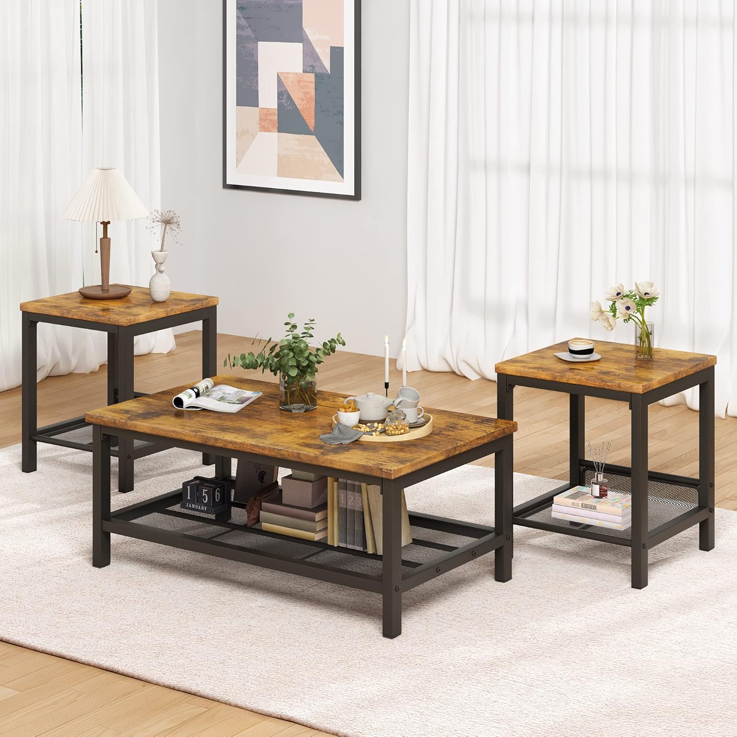 Lamerge 3 Pieces Living Room Table Set, Industrial Coffee Table with 2