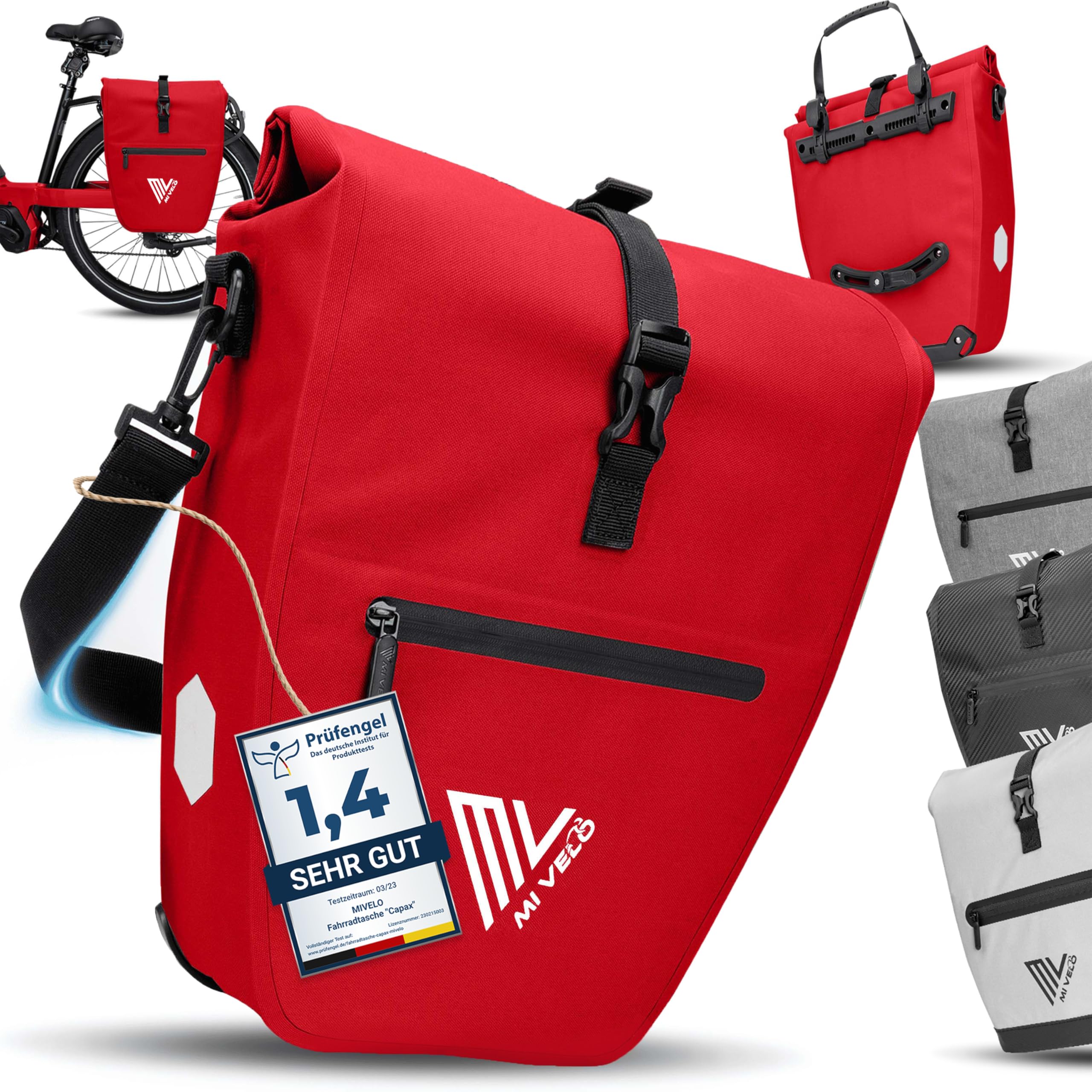 MIVELO 2in1 Fahrradtasche Gepäckträgertasche wasserdicht 100% PVC frei + Laptopfach + Schultergurt – Fahrrad Tasche für Gepäckträger 1 STK (Rot, 25L) Sport & Freizeit