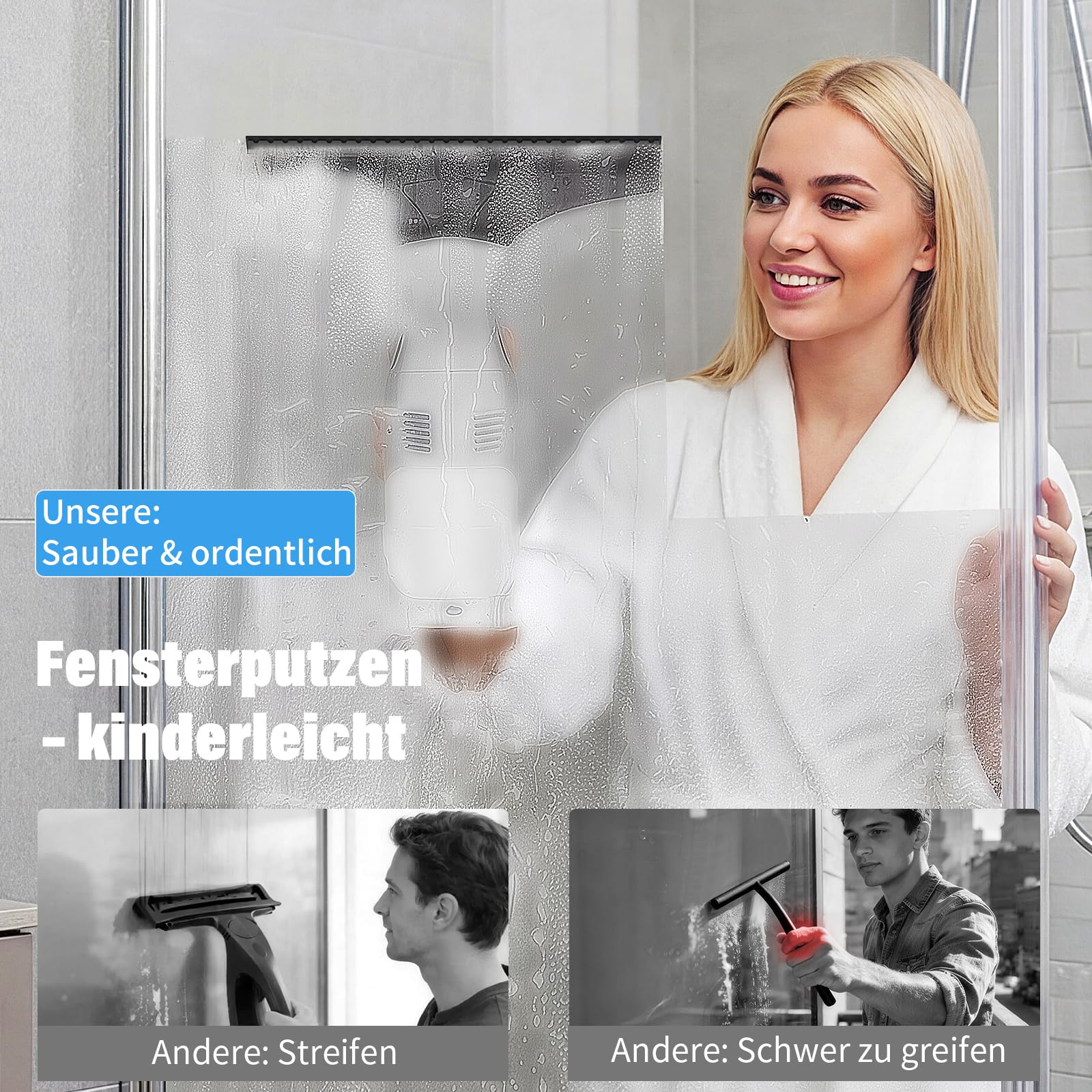 Eave Fenstersauger, Fenster Putzen mit 28cm & 17cm Abzieherklingen, 2000pa Fensterreiniger Elektrisch mit 45 Minuten Akkulaufzeit & 270ml Wassertank, Akku Fensterputzer für Fenster, Spiegel, WC07