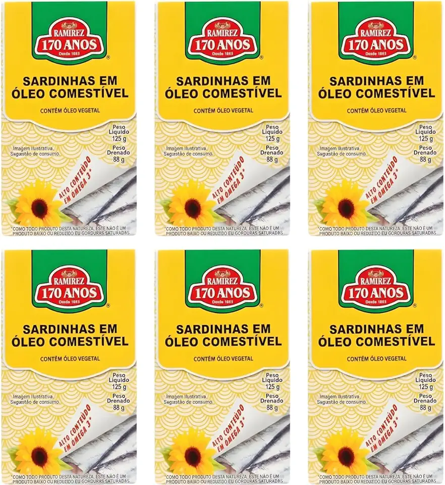 KIT 6X Sardinha em Lata - Portuguesa - Óleo de Girassol - Ômega 3 - Vitamina B12 - Proteína - Cálcio - Vitamina D - Lata Tampa Abre Fácil - 125g Cada - Ramirez