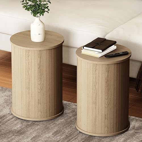 Miniatura 8 de Mesa auxiliar redonda acanalada para sala de estar, moderna mesa auxiliar de madera para sofás y sofás para espacios pequeños, mesa de noche de 21.9