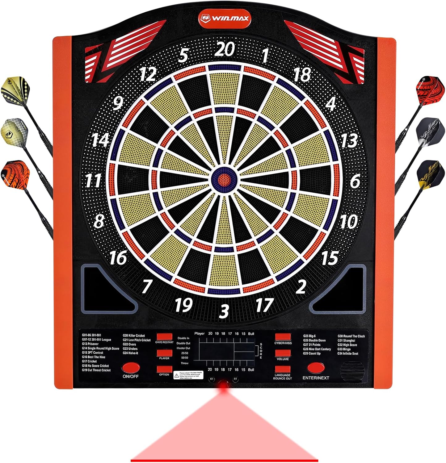 Professional Electronic Dartboard Set with Laser Toe Line, 34 Games & 350 Modes, 1-8 Players, Includes 12 Darts, Suitable for Batteries/Adapters CLASSIC without side light