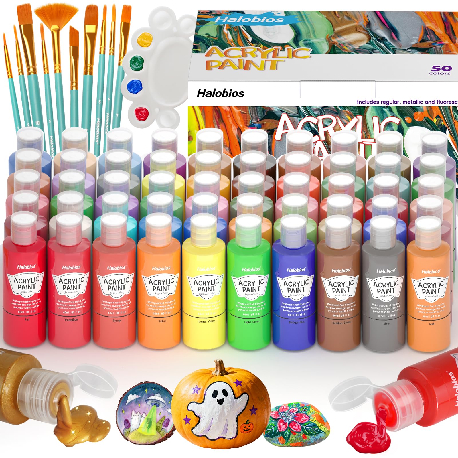 Halobios Acrylic Paint Set 50 Colors(2 fl oz/60 ml), Premium Acrylic Paints for Kids & Adults, With Fluorescent Colors & Metallic Colors for Painting, Drawing & Art Supplies, DIY Arts and Crafts