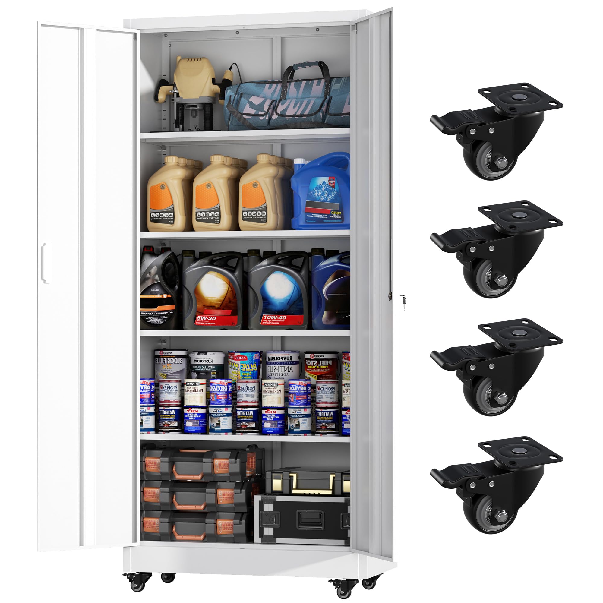 Greenvelly 73" Storage Cabinet with Wheels,Metal Rolling Garage Cabinet with Locking Doors and 4 Adjustable Shelves for Home,Kitchen,Office,Warehouse(