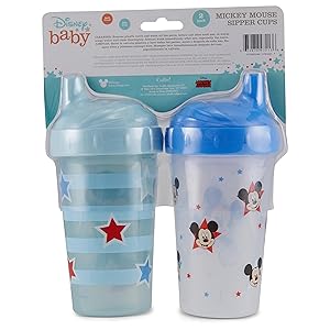 Toddler Sippy Cups for Boys | 10 Ounce Mickey Mouse Sippy Cup Pack of Two with Straw and Lid | Durable Blue Leak Proof Travel Water Bottle for Toddlers