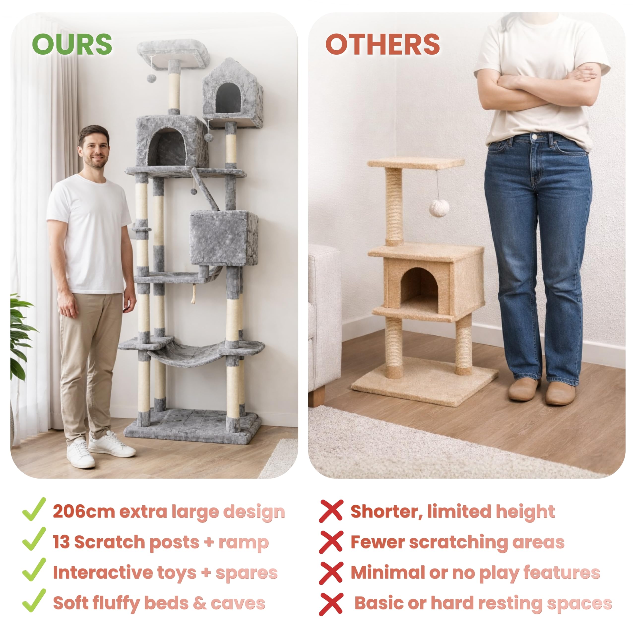 Garden Mile Torre de árbol de lujo extra alta de 2 m para gatos grandes, centro de actividades para gatos de varios niveles con 13 postes rascadores de sisal, rampa para rascar, 3 casas, hamacas