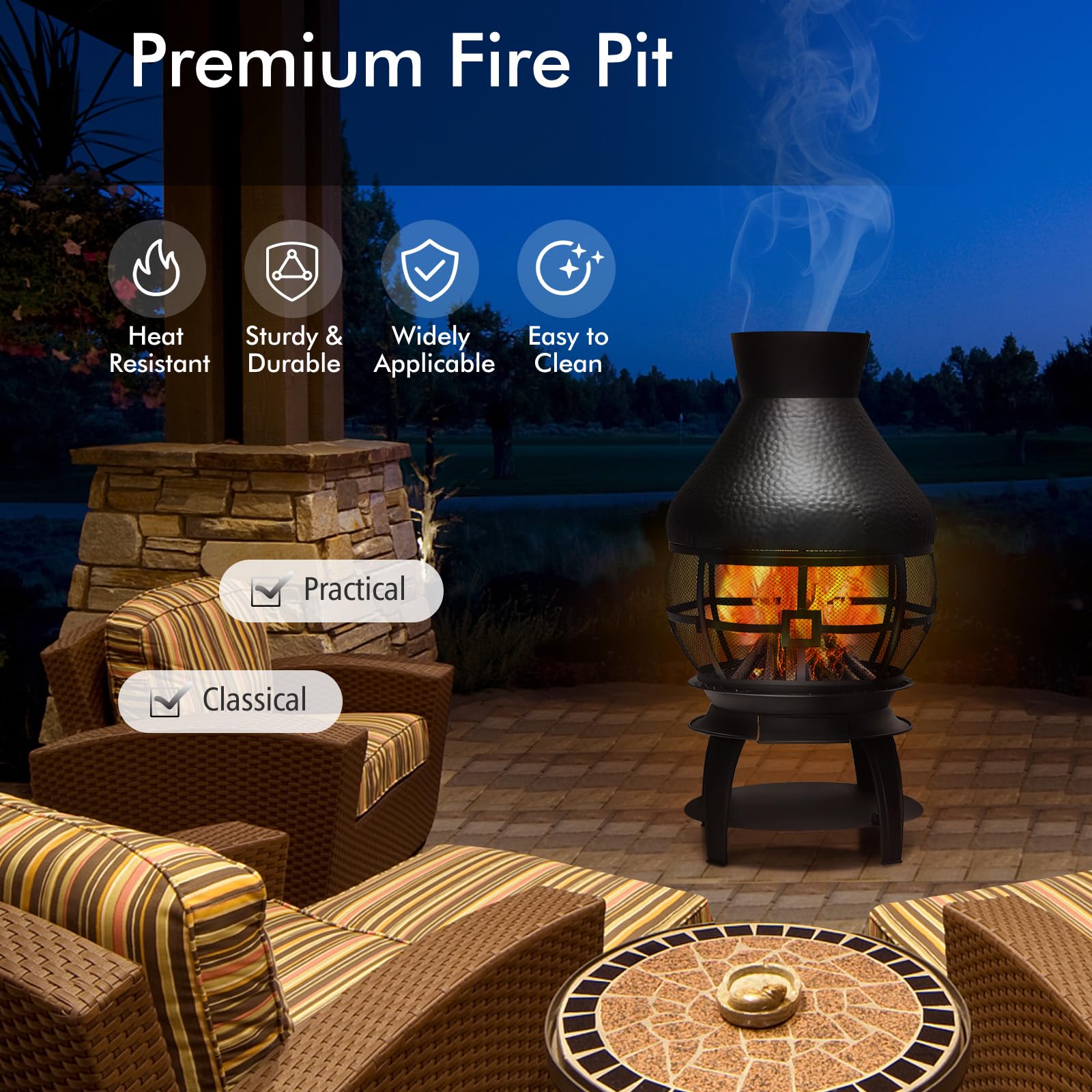 Braciere Da Esterno VOUNOT Ø 55 Cm - Con Copertura A Rete E Attizzatoio, Per Giardino, Campeggio E Terrazza - Foto 11