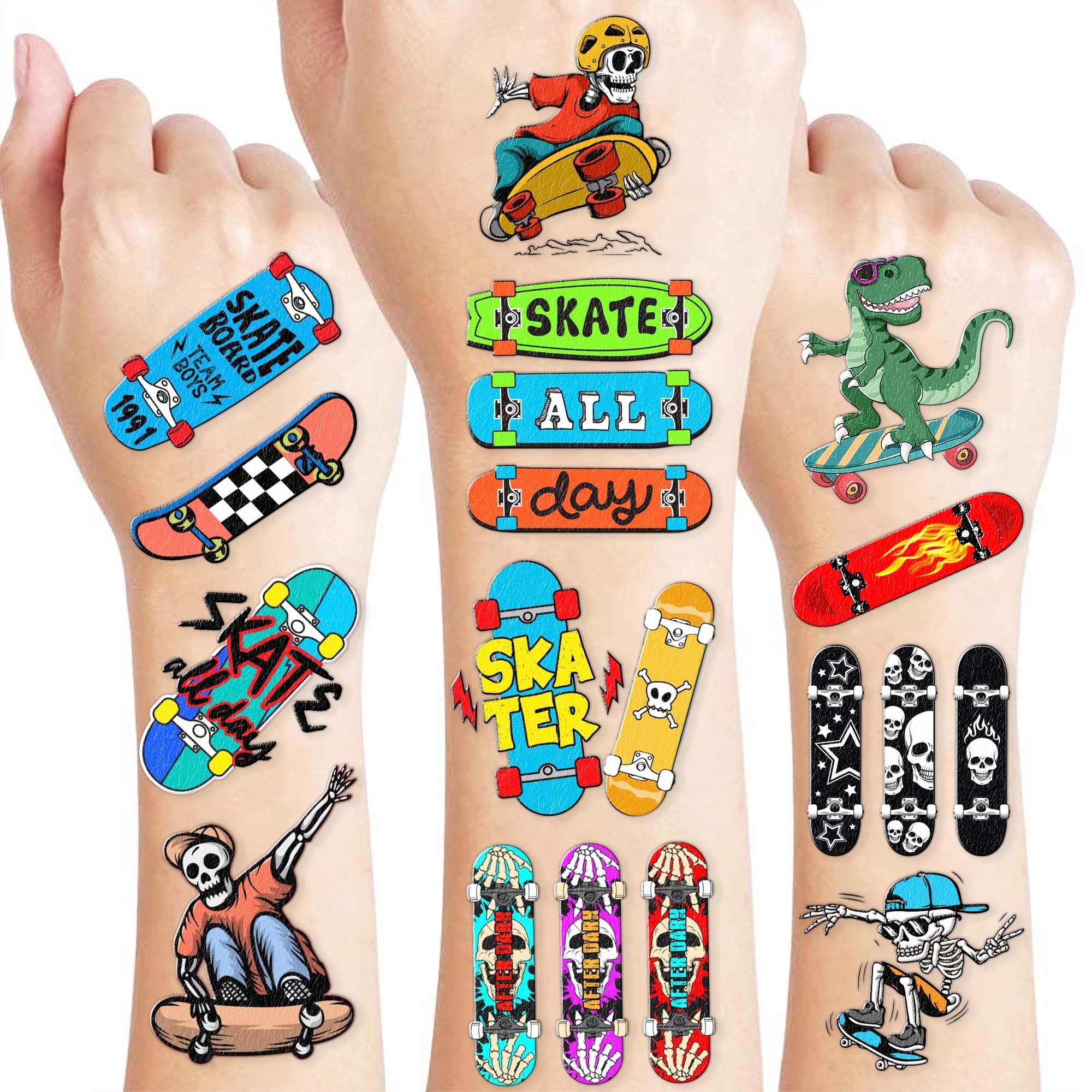 96PCS Skateboard Temporary Tattoos Pre-Cut for Boys Girls Kids