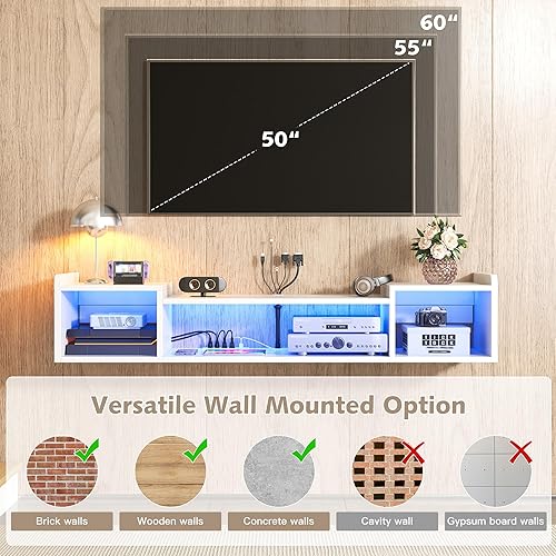 Miniatura 6 de Soporte de TV flotante de 55 pulgadas de ancho con luces LED y tomas de corriente, centro de entretenimiento montado en la pared para estante de TV