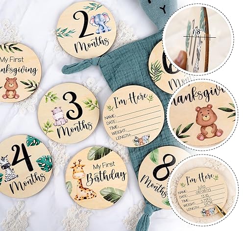 Miniatura 3 de HOUÍSM Tarjetas mensuales de madera para bebé, animales de la selva de safari con letrero de anuncio de nacimiento, regalos de embarazo y baby