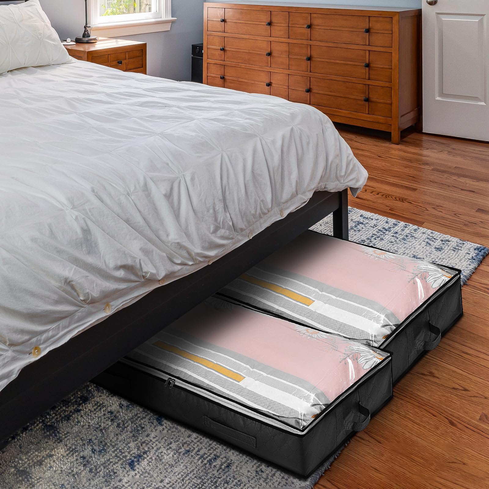 Homoyoyo Bolsas de Almacenamiento Debajo Cama 4 Unidades H Tamaño Grande Tela Resistente Color Gris Oscuro Ventana Transparente Asas Reforzadas para Ropa de Cama y Edredones Organizador