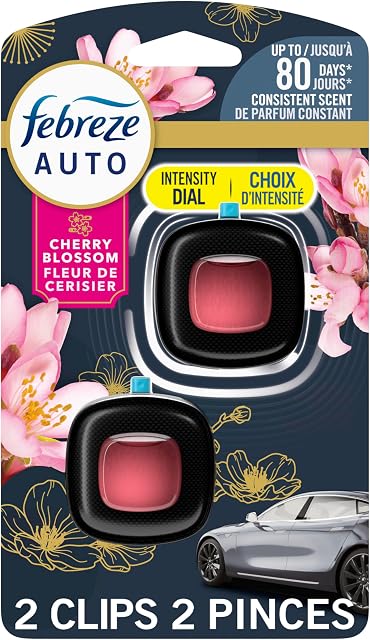 Febreze AUTO Air Freshener, Clip d'évent automobile anti-odore, Accessoires de voiture parfumé, Longue durée pour les orages forts, Parfum de cerise, 2 Nombre
