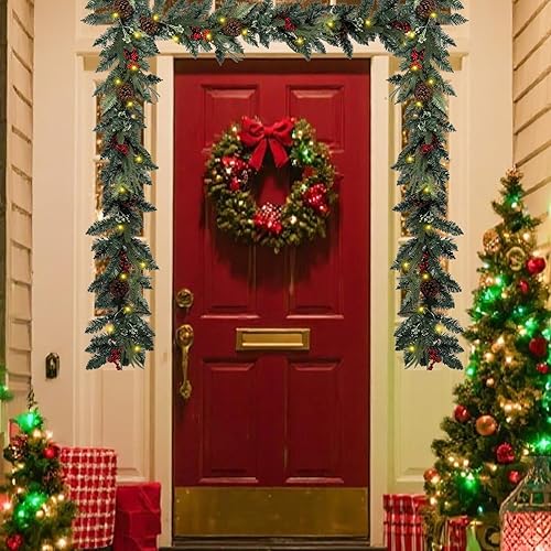Miniatura 6 de Guirnalda de Navidad de 6 pies con luces, guirnalda preiluminada de Navidad con bayas rojas, guirnaldas de Navidad a pilas con agujas de pino para